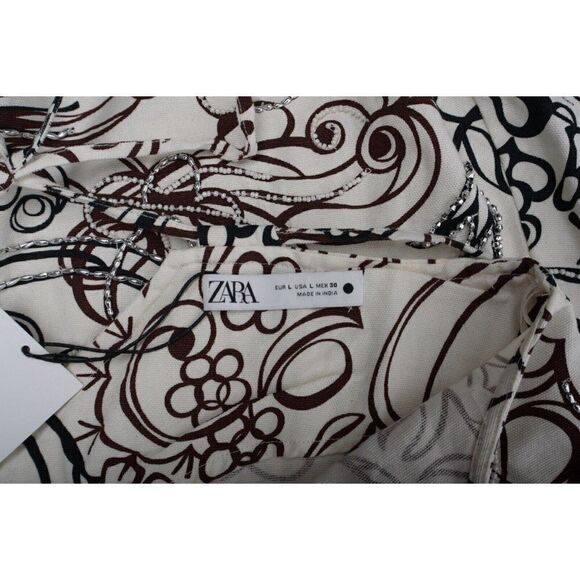 Zara Womens Beaded Mini Dress Ivory Brown Printed L Large 7521/041 NWT - Picture 6 of 6